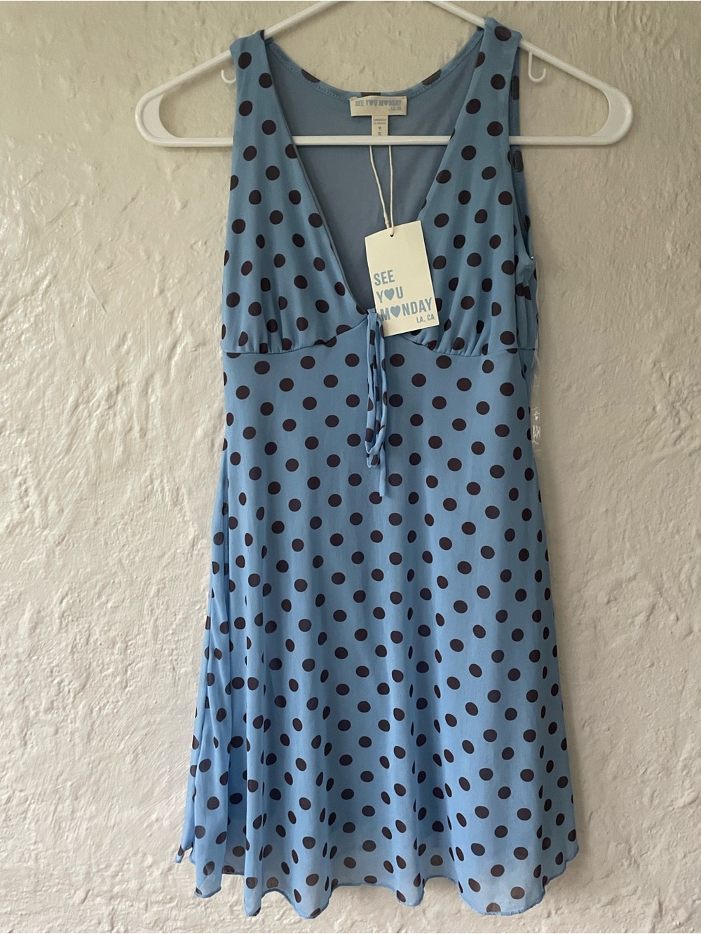 NWT See You Monday light blue brown polka dots mini sleeveless dress; S